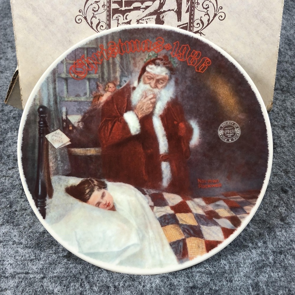 Vintage 1986‎ Knowles Deer Santy Claus Norman Rockwell Christmas Plate COA Box